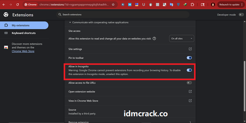 Allow in Incognito option in Chrome