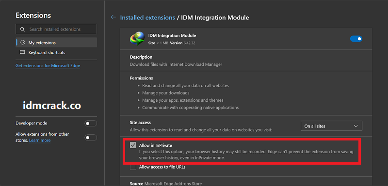 Allow in Incognito option in Microsoft Edge