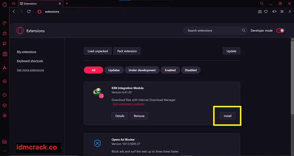 Add IDM Extension In Opera GX