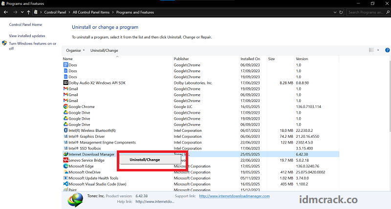 program and features settings